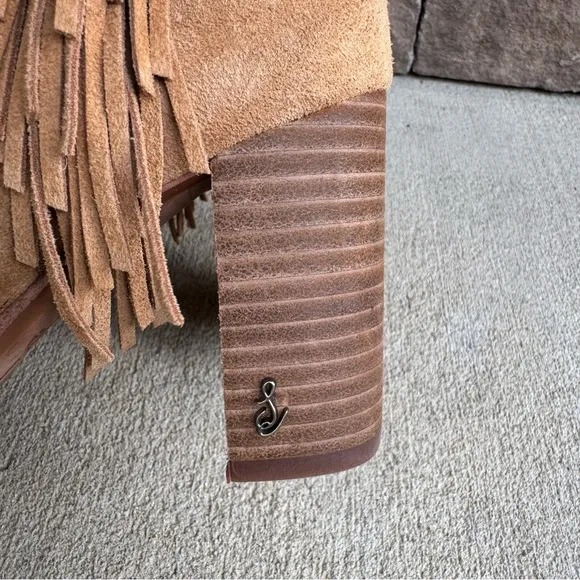 Sam Edelman Ona Fringe Boots Camel Squared Toe Suede
