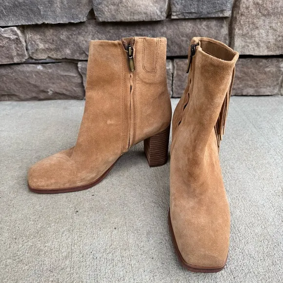 Sam Edelman Ona Fringe Boots Camel Squared Toe Suede