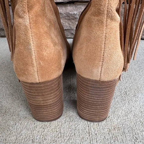 Sam Edelman Ona Fringe Boots Camel Squared Toe Suede