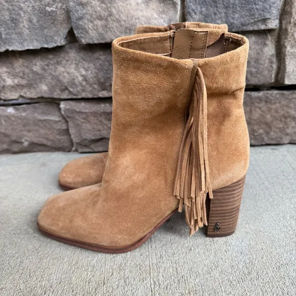 Sam Edelman Ona Fringe Boots Camel Squared Toe Suede