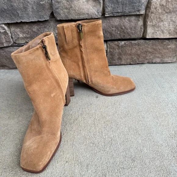 Sam Edelman Ona Fringe Boots Camel Squared Toe Suede