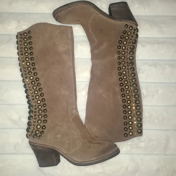 Sam Edelman Tan Heeled Boots with Studded Accents