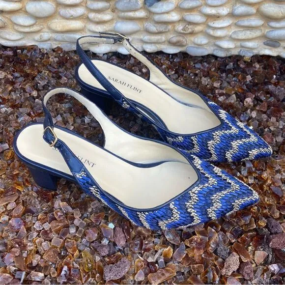 Sarah Flint Emma River Raffia Linen Sling Back Pump Blue/Navy/Cream Sz 8.5