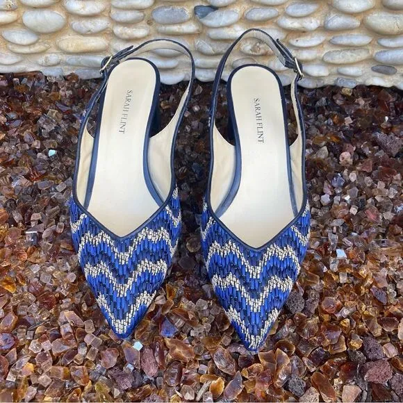 Sarah Flint Emma River Raffia Linen Sling Back Pump Blue/Navy/Cream Sz 8.5