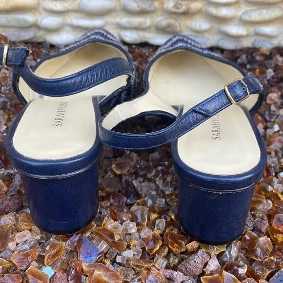 Sarah Flint Emma River Raffia Linen Sling Back Pump Blue/Navy/Cream Sz 8.5