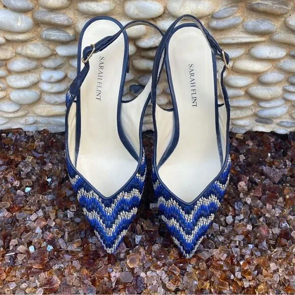 Sarah Flint Emma River Raffia Linen Sling Back Pump Blue/Navy/Cream Sz 8.5