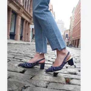 Sarah Flint Emma River Raffia Linen Sling Back Pump Blue/Navy/Cream Sz 8.5