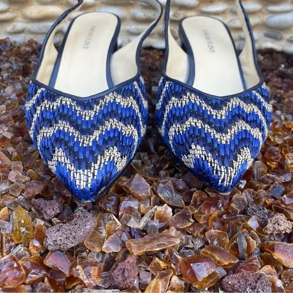 Sarah Flint Emma River Raffia Linen Sling Back Pump Blue/Navy/Cream Sz 8.5