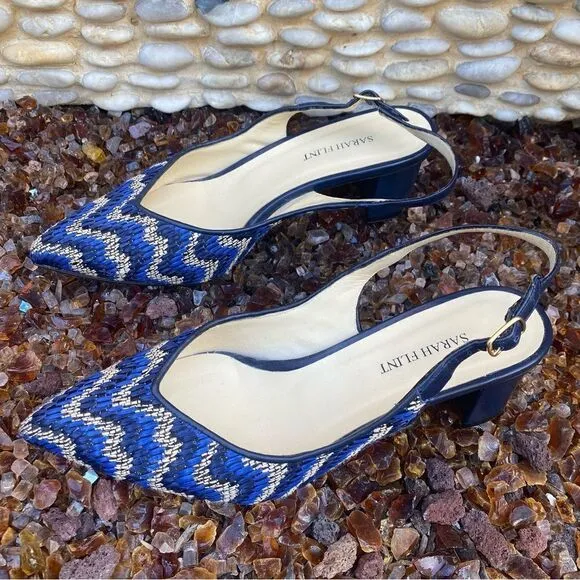 Sarah Flint Emma River Raffia Linen Sling Back Pump Blue/Navy/Cream Sz 8.5