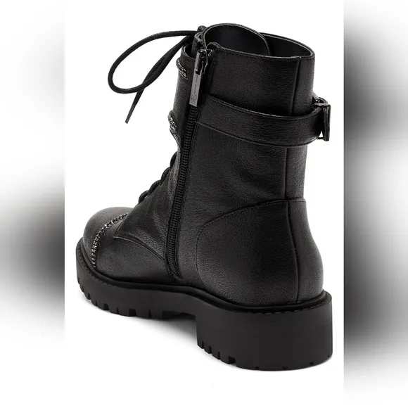 Sassy Jessica Simpson Rhinestone Black Leather Combat Boots