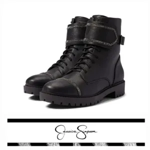 Sassy Jessica Simpson Rhinestone Black Leather Combat Boots