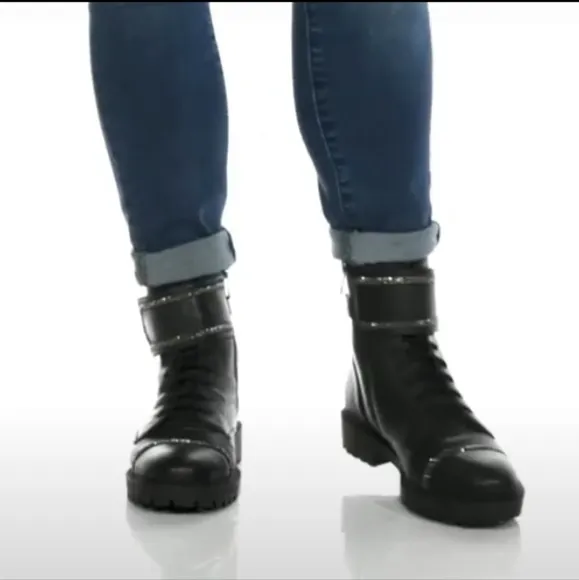 Sassy Jessica Simpson Rhinestone Black Leather Combat Boots