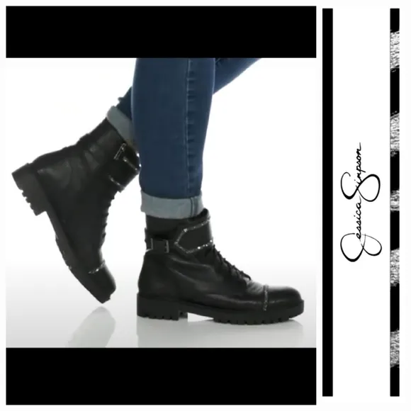Sassy Jessica Simpson Rhinestone Black Leather Combat Boots