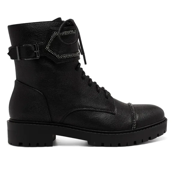 Sassy Jessica Simpson Rhinestone Black Leather Combat Boots