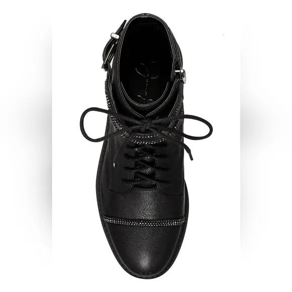 Sassy Jessica Simpson Rhinestone Black Leather Combat Boots
