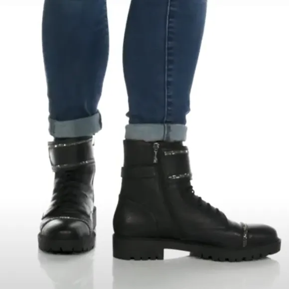 Sassy Jessica Simpson Rhinestone Black Leather Combat Boots
