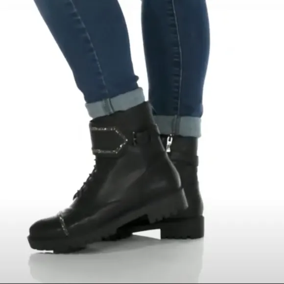 Sassy Jessica Simpson Rhinestone Black Leather Combat Boots