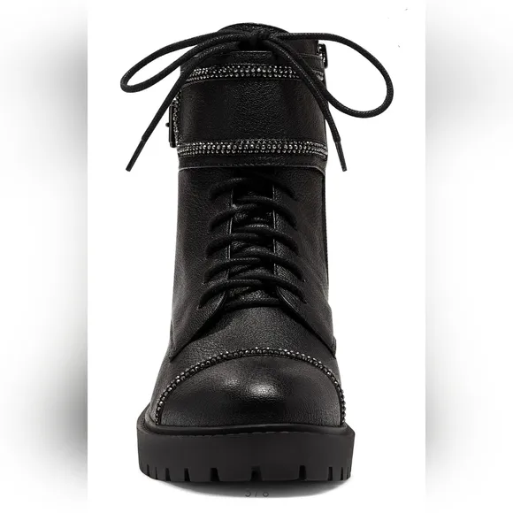 Sassy Jessica Simpson Rhinestone Black Leather Combat Boots