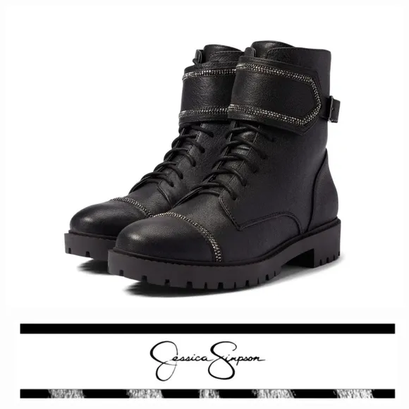 Sassy Jessica Simpson Rhinestone Black Leather Combat Boots