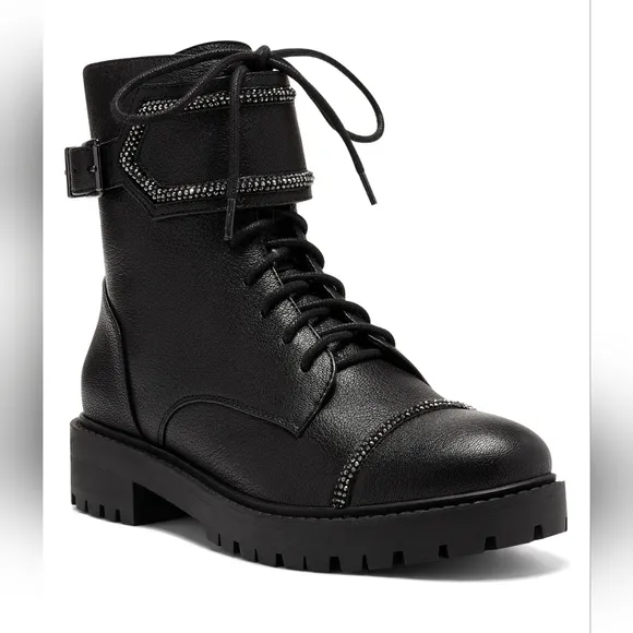Sassy Jessica Simpson Rhinestone Black Leather Combat Boots