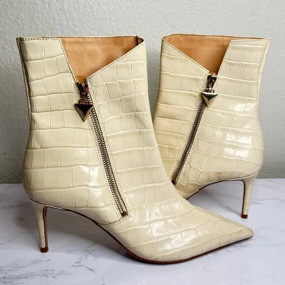 Schutz Van Nude Leather Ankle Boot Croc Embossed Pointed Toe Boots Sz 9B