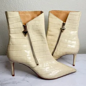 Schutz Van Nude Leather Ankle Boot Croc Embossed Pointed Toe Boots Sz 9B