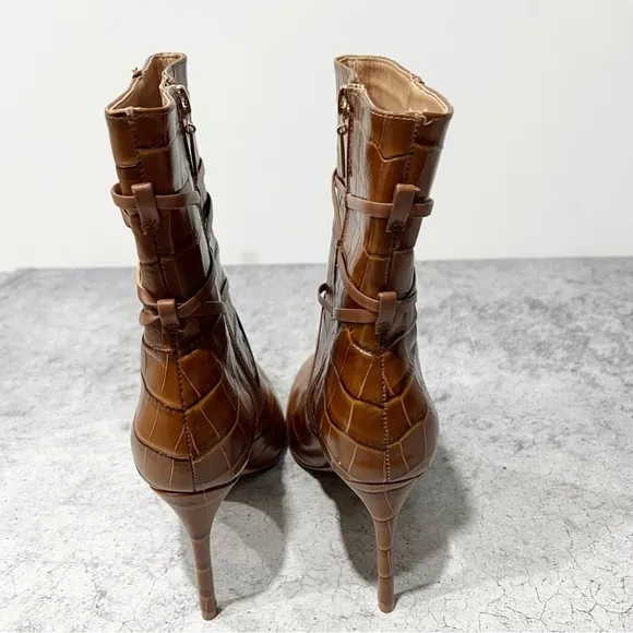 Schutz Vini Crocodile Embossed Leather Heeled Boots Pointed Brown Zip 7.5 NEW