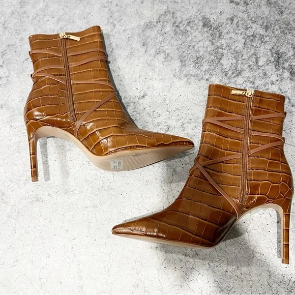 Schutz Vini Crocodile Embossed Leather Heeled Boots Pointed Brown Zip 7.5 NEW