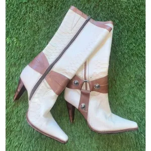 Schutz Womens Ivory With Brown leather Riding Boots Strap Buckle Boot SZ 7 B