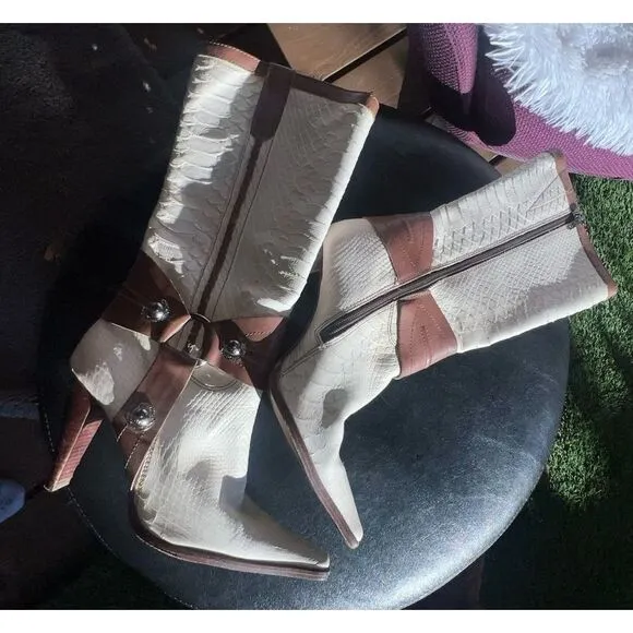 Schutz Womens Ivory With Brown leather Riding Boots Strap Buckle Boot SZ 7 B