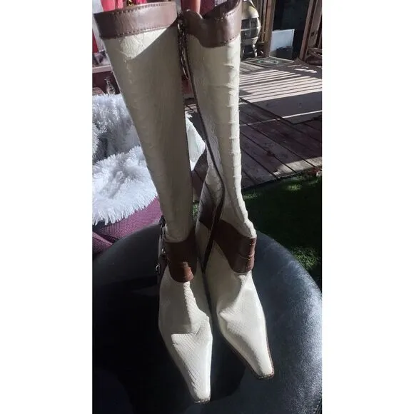 Schutz Womens Ivory With Brown leather Riding Boots Strap Buckle Boot SZ 7 B
