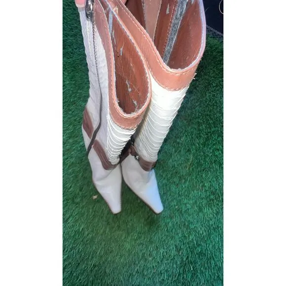 Schutz Womens Ivory With Brown leather Riding Boots Strap Buckle Boot SZ 7 B