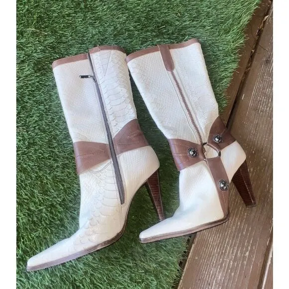 Schutz Womens Ivory With Brown leather Riding Boots Strap Buckle Boot SZ 7 B