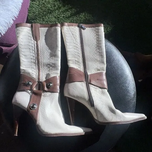 Schutz Womens Ivory With Brown leather Riding Boots Strap Buckle Boot SZ 7 B