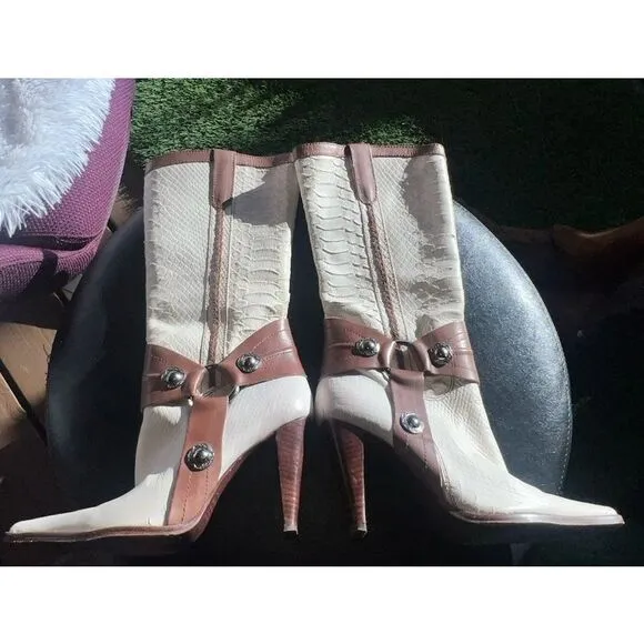 Schutz Womens Ivory With Brown leather Riding Boots Strap Buckle Boot SZ 7 B