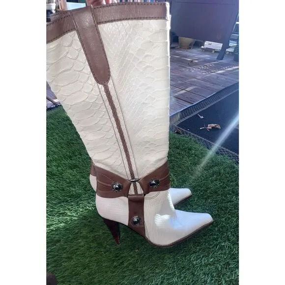 Schutz Womens Ivory With Brown leather Riding Boots Strap Buckle Boot SZ 7 B