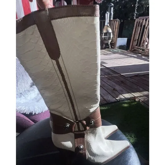 Schutz Womens Ivory With Brown leather Riding Boots Strap Buckle Boot SZ 7 B