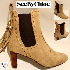 See by Chloé Medium Beige Tan Suede Tasseled Studded Bootie Nude Ankle Boot 36.5