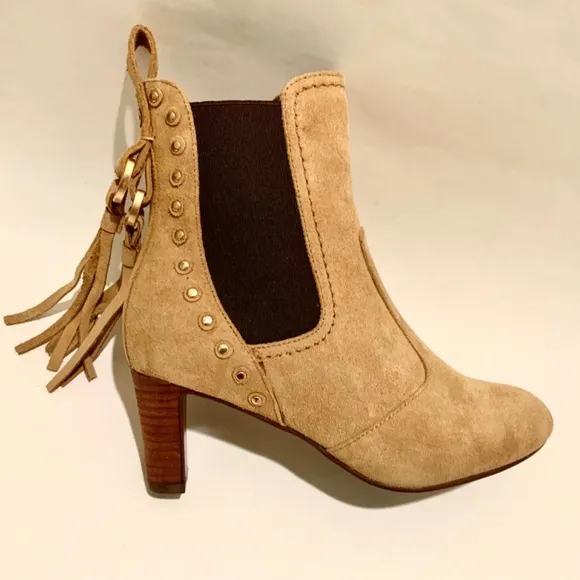 See by Chloé Medium Beige Tan Suede Tasseled Studded Bootie Nude Ankle Boot 36.5