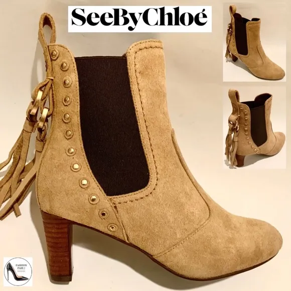 See by Chloé Medium Beige Tan Suede Tasseled Studded Bootie Nude Ankle Boot 36.5