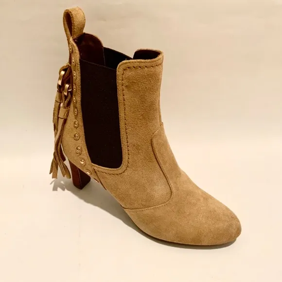 See by Chloé Medium Beige Tan Suede Tasseled Studded Bootie Nude Ankle Boot 36.5