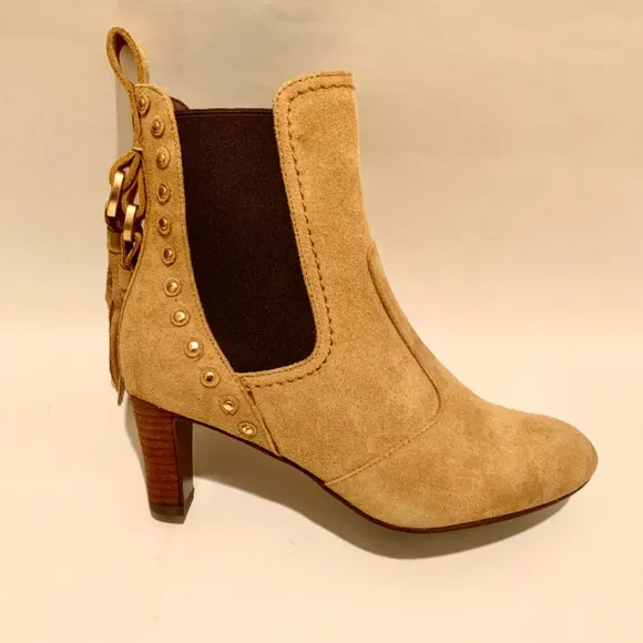 See by Chloé Medium Beige Tan Suede Tasseled Studded Bootie Nude Ankle Boot 36.5