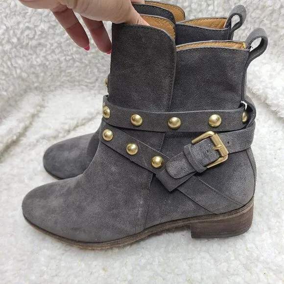 See by Chloe Gray‎ Suede Studded Harness Ankle Boots sz 38