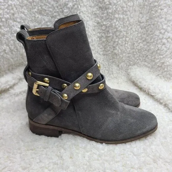 See by Chloe Gray‎ Suede Studded Harness Ankle Boots sz 38