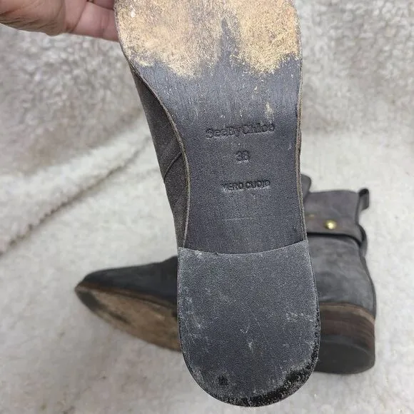 See by Chloe Gray‎ Suede Studded Harness Ankle Boots sz 38