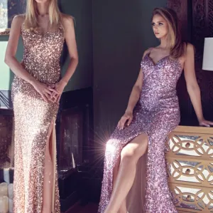 Sequin fitted open back long formal dress with lace up back, purple, pearl, gold