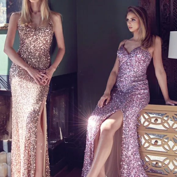 Sequin fitted open back long formal dress with lace up back, purple, pearl, gold