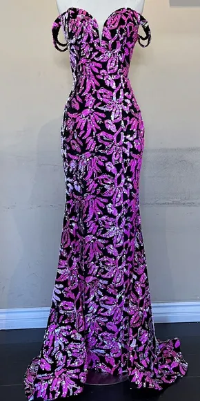 Sequin floor length off the shoulder sheath gown blue or pink