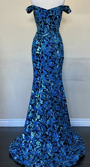 Sequin floor length off the shoulder sheath gown blue or pink