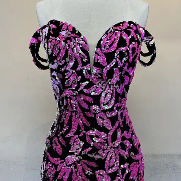 Sequin floor length off the shoulder sheath gown blue or pink